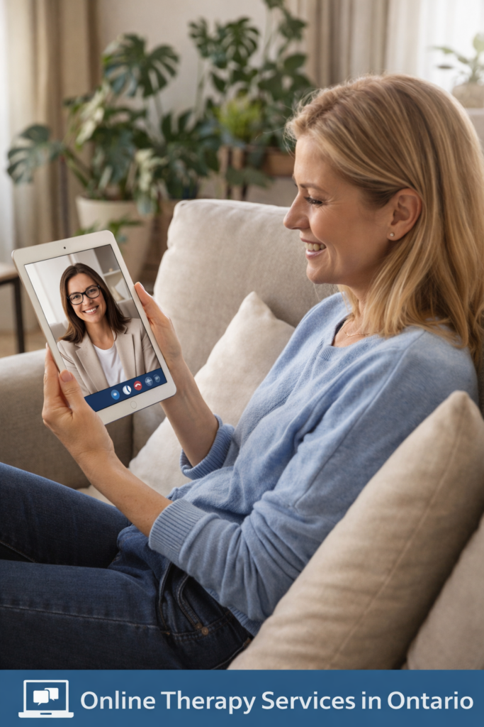A relaxed woman sits on a comfortable couch in a softly lit living room, holding an iPad and smiling during a virtual therapy session. A therapist appears on the screen, and several green plants and neutral décor in the background create a calm, home-like environment
