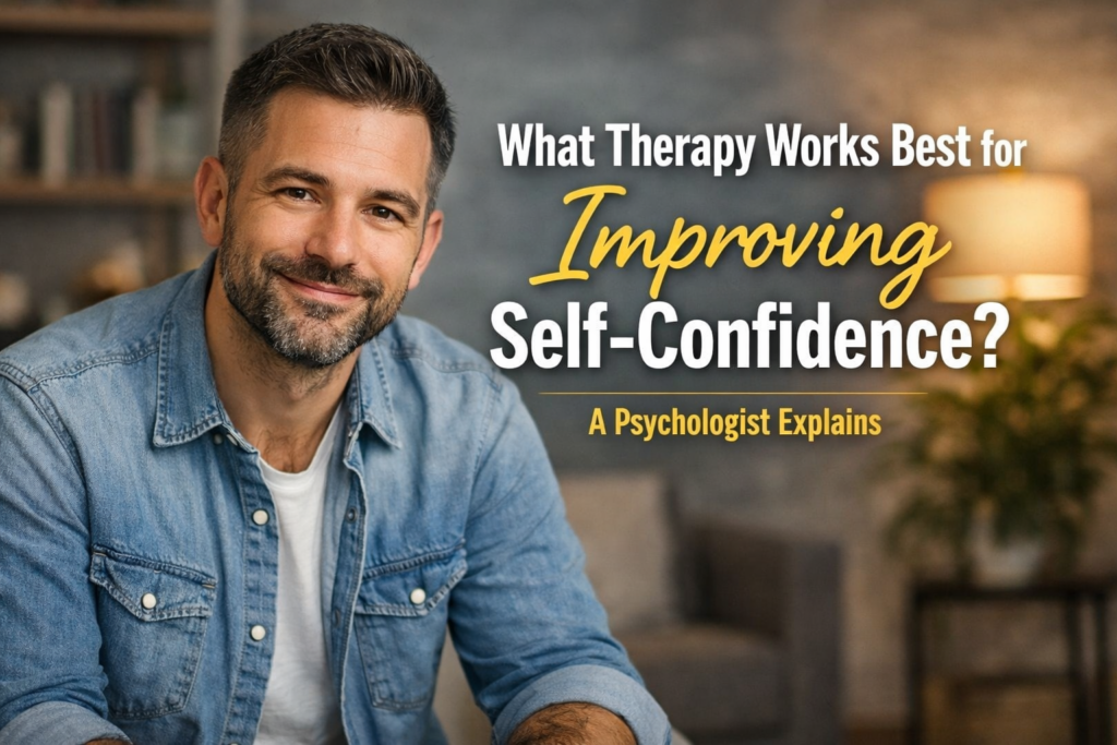 Smiling man sitting in a comfortable office setting with the text “What Therapy Works Best for Improving Self-Confidence? A Psychologist Explains.”
