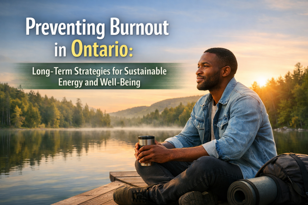 Black man in his 30s sitting on a dock by a calm lake in Ontario at sunrise, holding a mug and looking relaxed, with the text “Preventing Burnout in Ontario: Long-Term Strategies for Sustainable Energy and Well-Being.