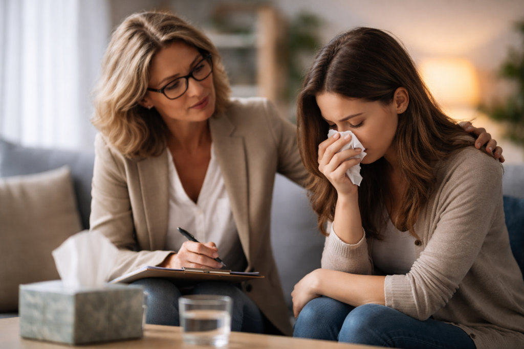 Therapist providing compassionate grief counselling to a client in a calm, professional office setting