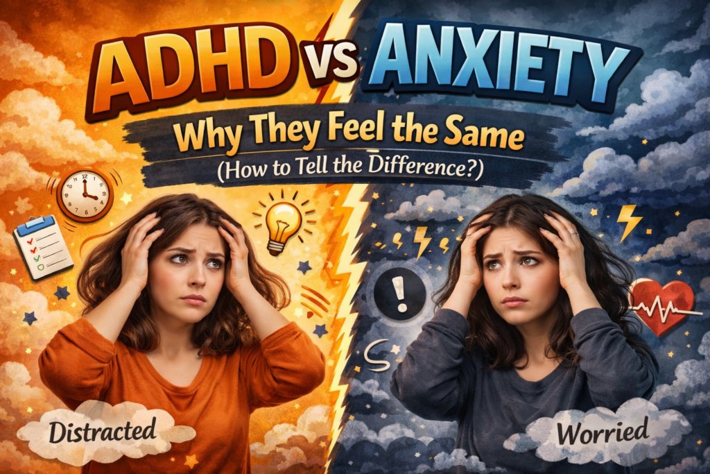 Split illustration comparing ADHD and Anxiety. On the left, a real-looking young woman with a worried expression represents ADHD, surrounded by clocks, papers, and lightbulb icons, with a warm orange background. On the right, a real-looking young woman looks anxious, surrounded by storm clouds, lightning, and a heart icon, with a cool blue background. The title ‘ADHD vs Anxiety: Why They Feel the Same (How to Tell the Difference?)’ is prominently displayed across the top, with labels ‘Distracted’ and ‘Worried’ under each figure.
