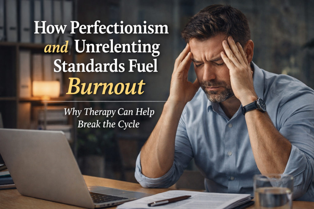 A man in his early 40s sits at a desk in a softly lit office, holding his head with both hands and looking stressed while working on a laptop. Papers and a glass of water sit nearby. Overlaid text reads: “How Perfectionism and Unrelenting Standards Fuel Burnout: Why Therapy Can Help Break the Cycle