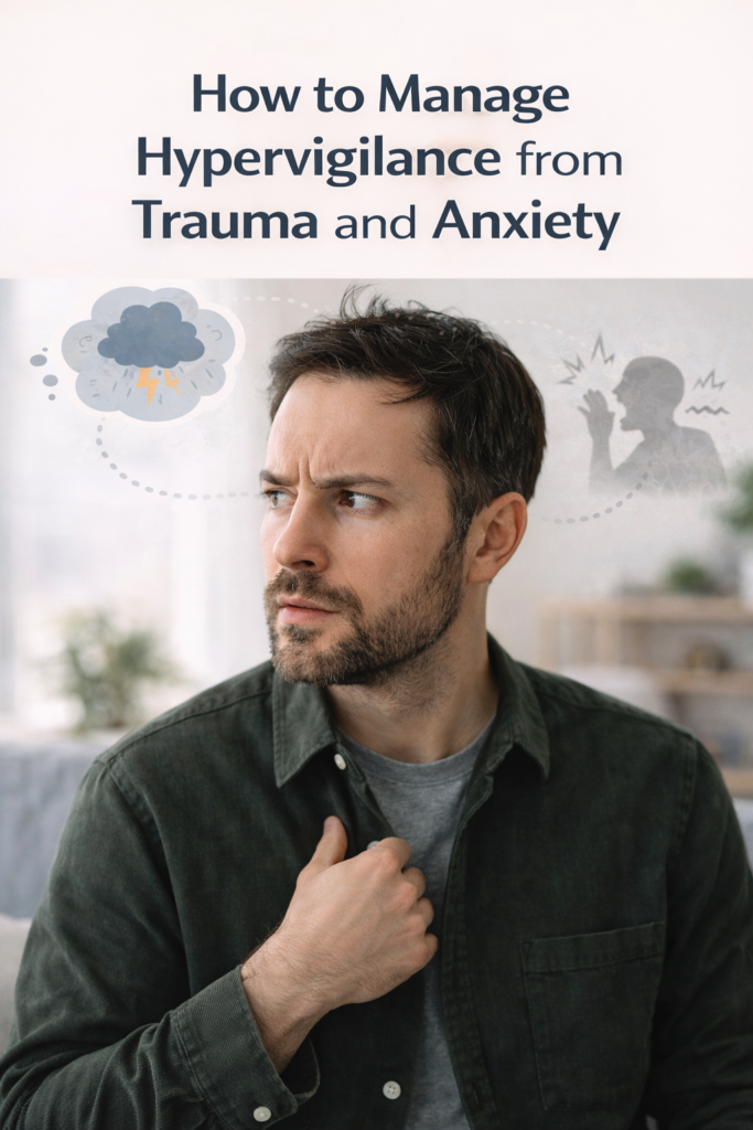 Young adult man sitting at a desk looking tense and alert, representing hypervigilance related to trauma and anxiety, with a soft-focus indoor background and faint visual icons of a storm cloud and shouting silhouette.