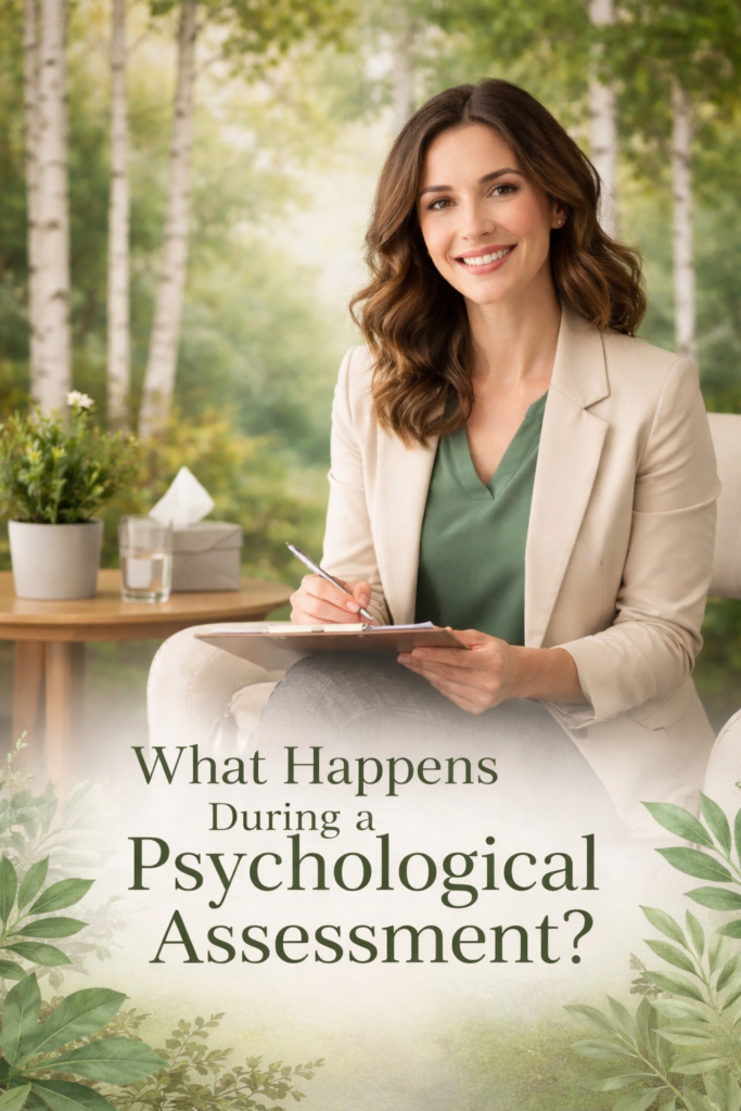 A warm inviting therapist with a clipboard and waiting to start a psychological assessment in Hamilton Ontario.