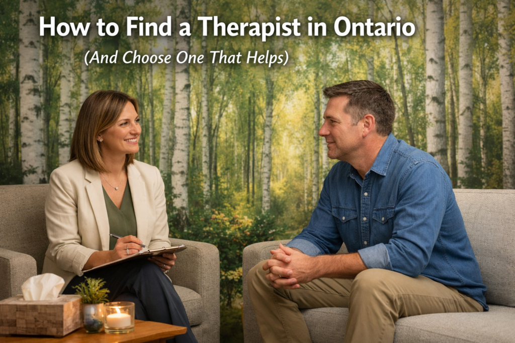 Therapist and client in Ontario counselling session in a warm office with a birch forest mural