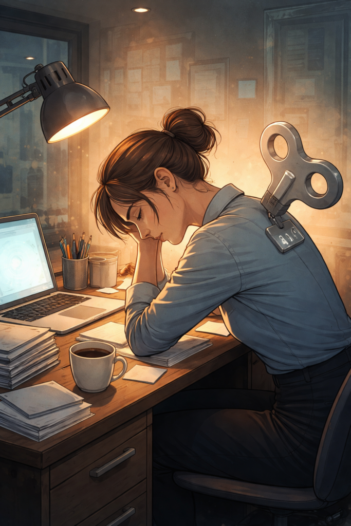 A young professional sitting at a cluttered desk, leaning her head on her hand, appearing tired and overworked, with a wind-up key in her back symbolizing being on autopilot and constantly running on overdrive