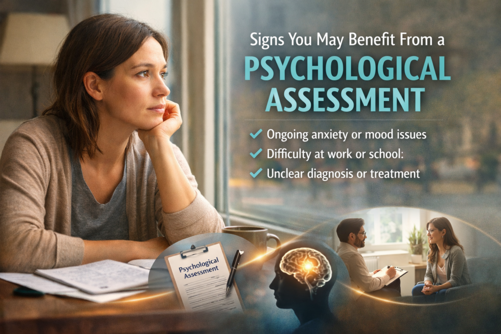 Woman reflecting at desk with text “Signs You May Benefit From a Psychological Assessment,” representing mental health assessment services in Hamilton and online in Ontario.