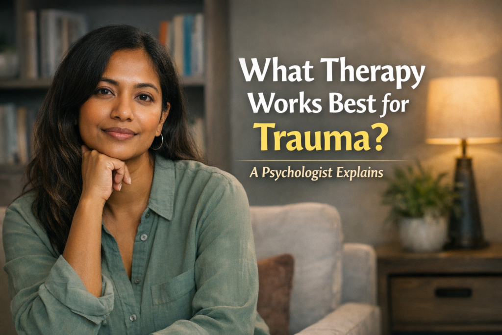 A South Asian or Latina woman in a therapy office, calmly resting her chin on her hand, with the text ‘What Therapy Works Best for Trauma? A Psychologist Explains’ displayed beside her