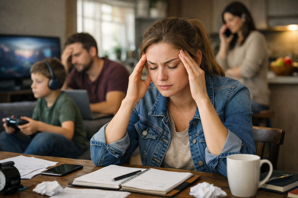 A young woman sitting at a cluttered desk with a notebook, smartphone, and coffee cup, holding her head in frustration. In the background, a man works on a laptop, a child plays a video game with headphones, and another woman talks on a phone, illustrating a busy, distracted modern household environment.