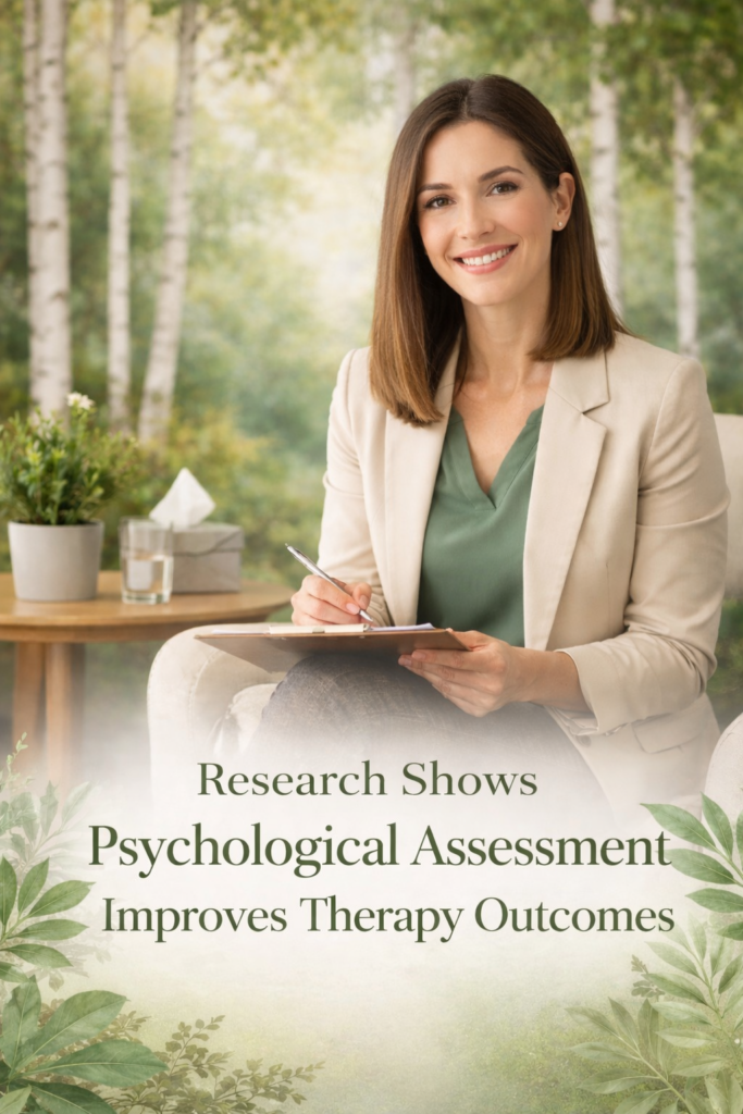 A therapist is holding a clipboard and is describing how research shows that psychological assessment improve improves therapy outcomes