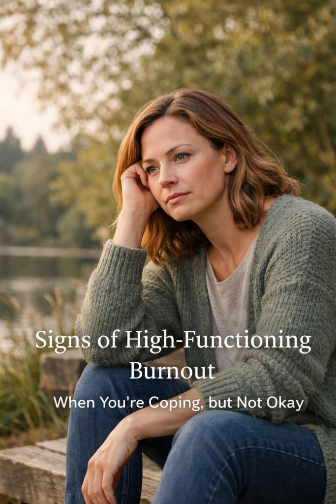 Thoughtful adult woman sitting outdoors near a calm body of water, wearing a sage green sweater and jeans, looking reflective. Text overlay reads: ‘Signs of High-Functioning Burnout: When You’re Coping, but Not Okay.’