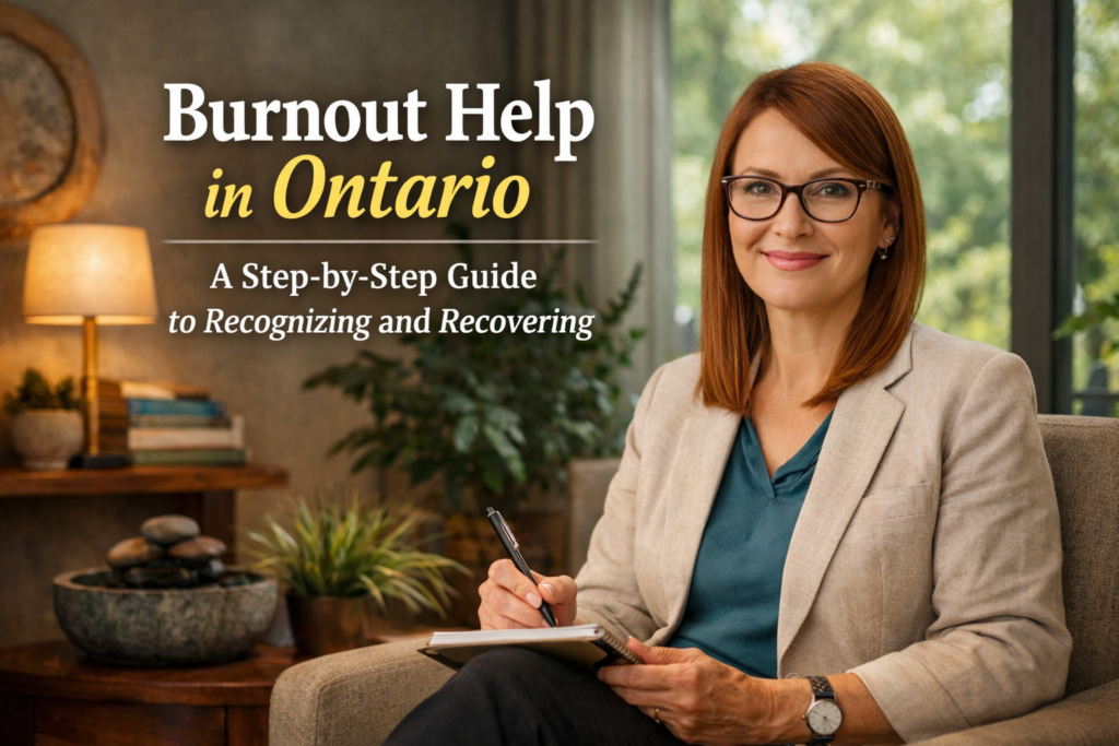 A professional female therapist in her 40s with straight reddish-brown hair and glasses sits in a cozy, nature-inspired office, holding a pen and notebook and smiling warmly at the camera. The office features plants, a small stone water fountain, a wooden table with books, and a forest mural with birch trees. The overlaid text reads: “Burnout Help in Ontario: A Step-by-Step Guide to Recognizing and Recovering.”