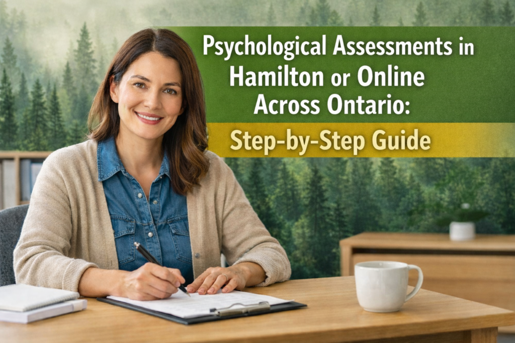 A smiling woman in her 30s sits at a wooden desk with a clipboard and pen, in a professional yet warm office space with a forest mural on the wall behind her. The text overlay reads “Psychological Assessments in Hamilton or Online Across Ontario: Step-by-Step Guide” in green and yellow.