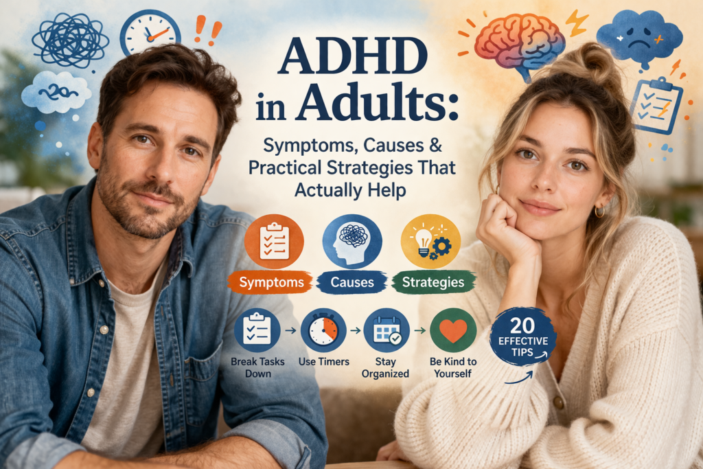 Photorealistic image of an adult man and woman with thoughtful expressions beside the title “ADHD in Adults: Symptoms, Causes and Practical Strategies That Actually Help,” with icons representing focus, organization, and coping strategies
