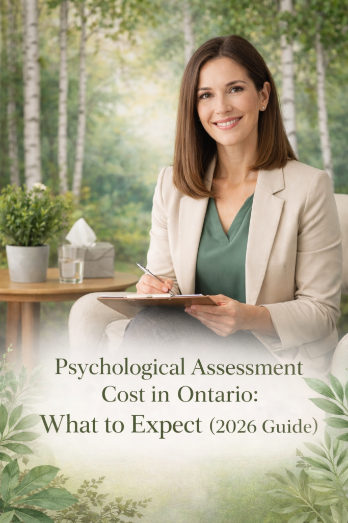 Older female psychologist with clipboard in nature-inspired office, representing psychological assessment cost services in Hamilton and online Ontario.