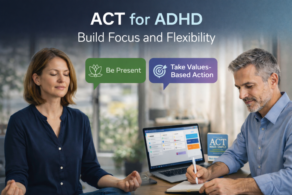 Banner image showing a woman practicing mindfulness and a man organizing tasks on a laptop, with text highlighting “ACT for ADHD: Build Focus and Flexibility” and key concepts “Be Present” and “Take Values-Based Action.”
