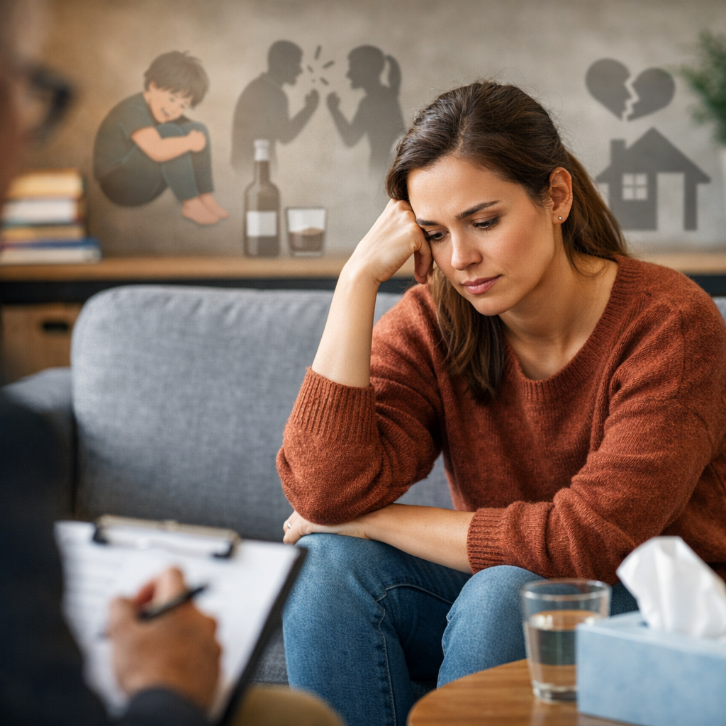 A woman in her 30s sits on a couch in a therapist’s office, looking down with a distressed expression while resting her head on her hand. In the blurred background, symbolic images of childhood adversity—such as a sad child, arguing adults, and a broken home—appear behind her, representing the lasting impact of early experienc