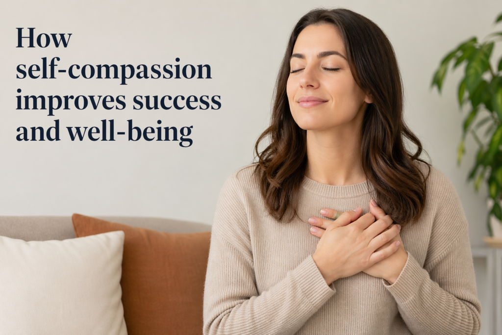 A calm woman with her eyes closed sits on a couch, gently holding her hands over her chest, conveying self-compassion and inner peace. Soft natural lighting, neutral tones, and a minimal background with a plant create a warm, serene atmosphere, with the text “How self-compassion improves success and well-being” displayed beside her.