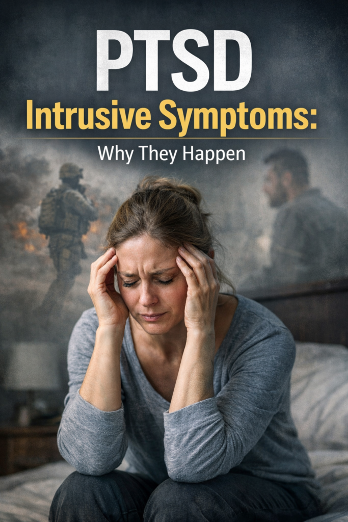 A realistic educational poster showing a distressed woman sitting on a bed, holding her head with both hands and looking overwhelmed. The background is dark and blurred, with faint imagery of soldiers in a conflict setting suggesting traumatic memories. Large headline text at the top reads “PTSD Intrusive Symptoms: Why They Happen,” with a subheading emphasizing intrusive thoughts and trauma-related experiences. The overall tone is clinical and informational, focused on explaining PTSD symptoms rather than depicting any specific event in detail.