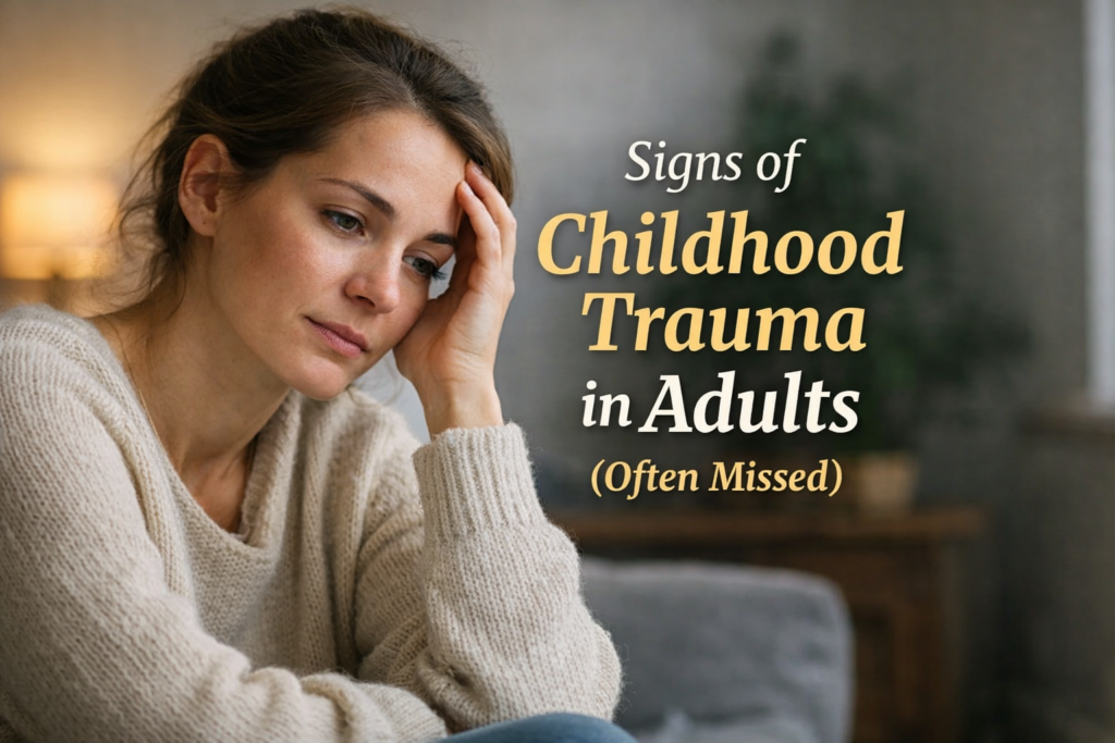 A thoughtful woman sitting on a couch with her hand resting on her forehead, appearing reflective and slightly distressed in a softly lit living room, with overlaid text reading “Signs of Childhood Trauma in Adults (Often Missed)