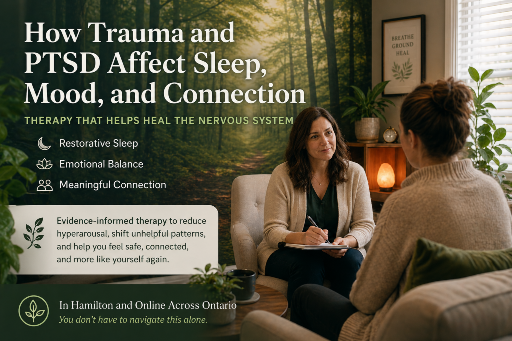 Therapist and client talking in a calm office with plants and a forest mural, promoting therapy for trauma and PTSD affecting sleep, mood, and connection.