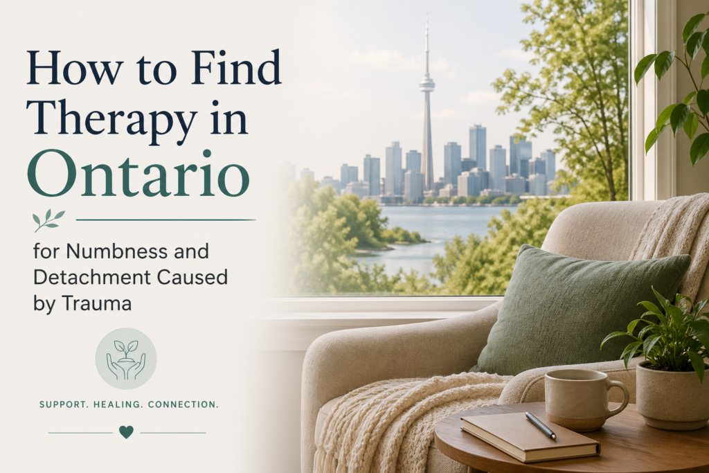 Calming therapy office scene with a chair, plant, and coffee beside a window overlooking Toronto skyline, with text reading “How to Find Therapy in Ontario for Numbness and Detachment Caused by Trauma