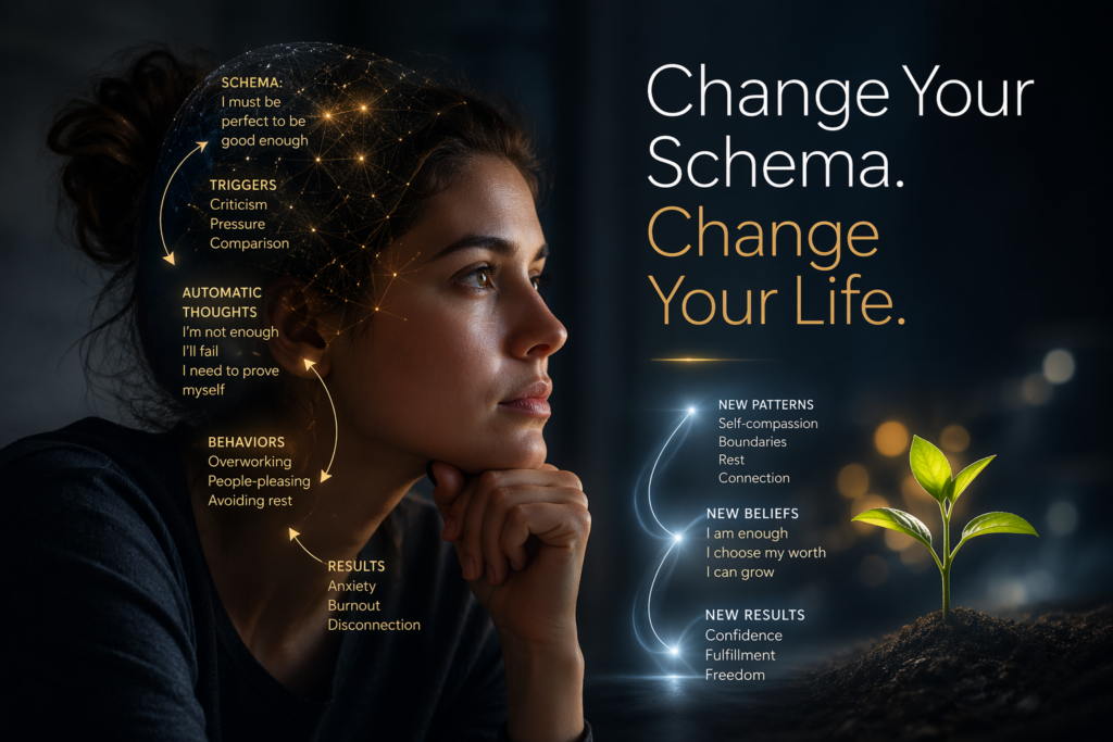 Close-up of a thoughtful woman in soft, moody lighting, with a glowing network pattern over her head illustrating “schema” loops—triggers, thoughts, behaviours, and results—contrasted by a bright path leading to a small green plant symbolizing new patterns, beliefs, and growth, alongside the text “Change Your Schema. Change Your Life.”