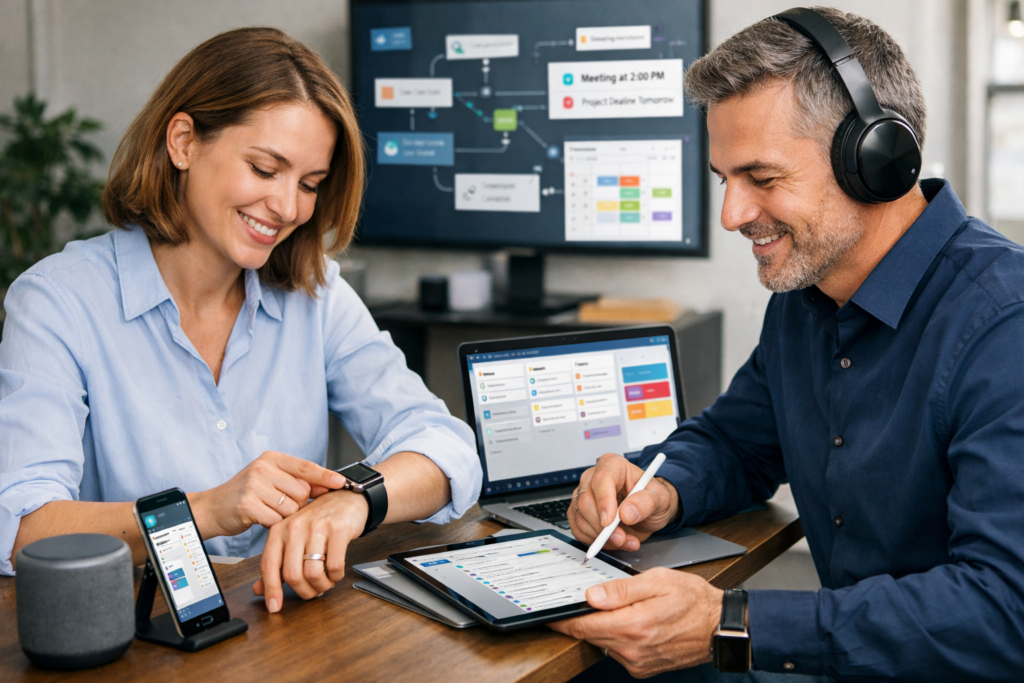 Two adults working together at a modern desk using a laptop, tablet, smartphone, and smartwatch to manage tasks and schedules, illustrating how digital tools support organization, planning, and executive functioning.