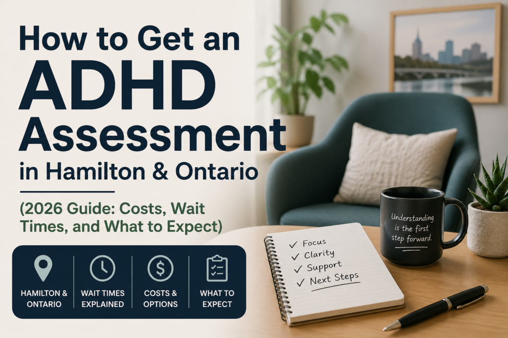Professional blog banner showing the title “How to Get an ADHD Assessment in Hamilton & Ontario (2026 Guide: Costs, Wait Times, and What to Expect)” beside a calm, modern workspace with a chair, notebook listing focus and clarity goals, a pen, and a mug, conveying support and next steps.