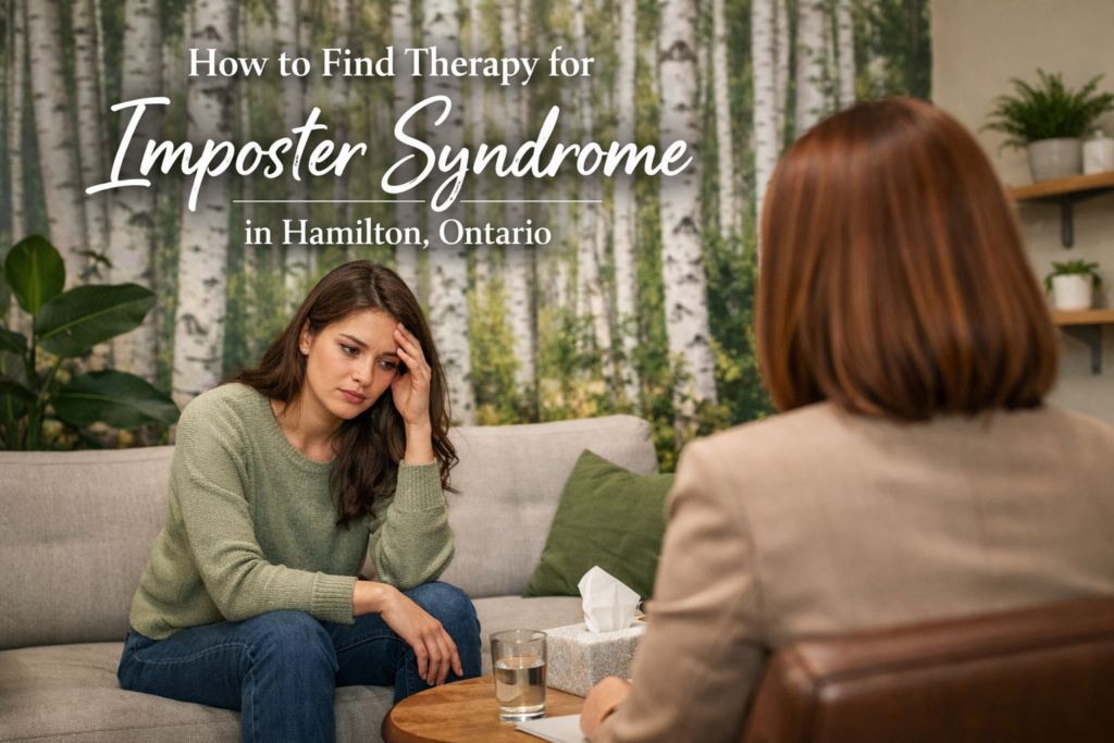 A therapy office scene in Hamilton, Ontario, with a nature-inspired design featuring indoor plants and a birch tree wall mural. In the foreground, a professional female therapist is shown from behind with shoulder-length straight reddish-brown hair, seated across from a client. The client appears thoughtful and slightly stressed, resting her head on her hand while speaking. The image includes a text overlay reading “How to Find Therapy for Imposter Syndrome in Hamilton, Ontario.”