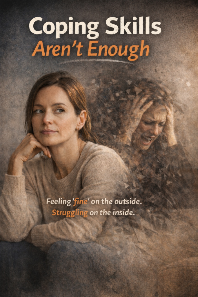 A woman appearing calm on the outside while a distressed, fragmented version of herself in the background represents internal emotional struggle, with the text “Coping Skills Aren’t Enough” highlighting the limits of coping strategies in trauma healing.