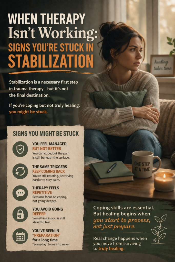 Warm-toned informational mental health graphic showing a woman sitting thoughtfully on a couch while reviewing notes, alongside a list of signs someone may be stuck in the stabilization phase of trauma therapy, including feeling managed but not better, recurring triggers, repetitive therapy sessions, avoidance of deeper emotional work, and prolonged focus on preparation rather than trauma processing