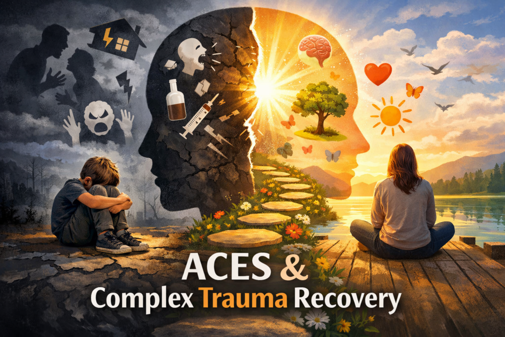 A symbolic digital illustration showing the journey from childhood trauma to recovery. On the left, a young child sits curled up, surrounded by dark, cracked imagery and icons of stress, anger, and substance use. The center features a large split silhouette of a head, cracked on the left and bright on the right, representing transformation. On the right, a woman sits calmly on a dock by a serene lake, facing sunlight, with symbols of growth and healing like a tree, butterflies, heart, sun, and brain, conveying hope and complex trauma recovery. The words “ACES & Complex Trauma Recovery” appear at the bottom.
