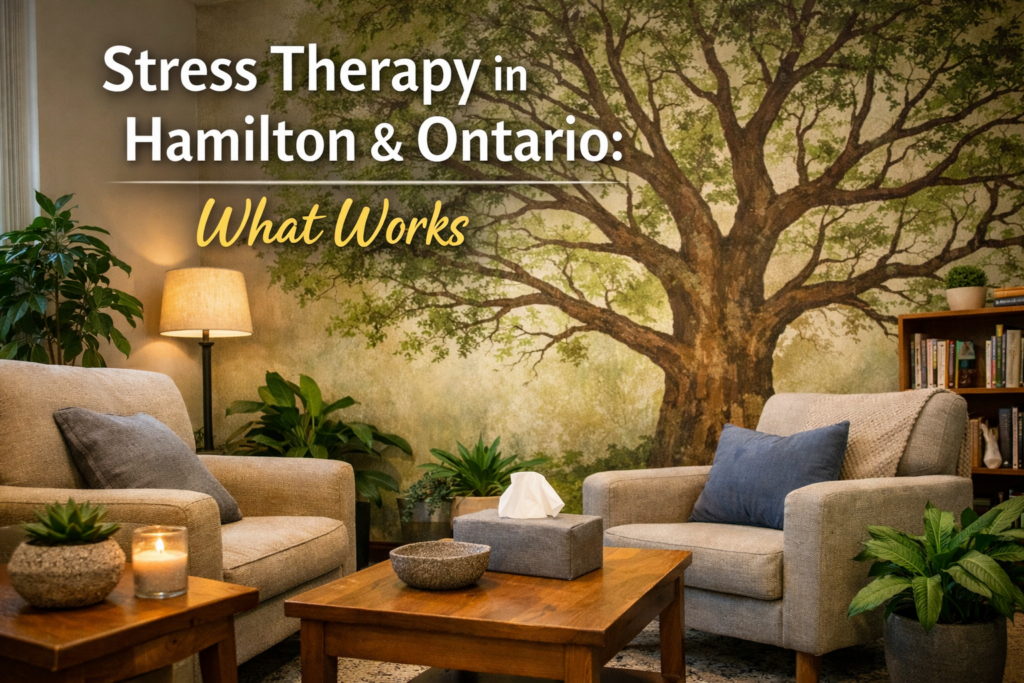 a nature inspired office for therapy to help with stress in Hamilton and online across Ontario