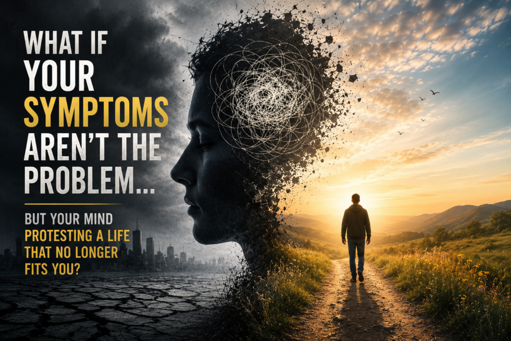 Surreal mental health image showing inner turmoil transforming into hope and healing.