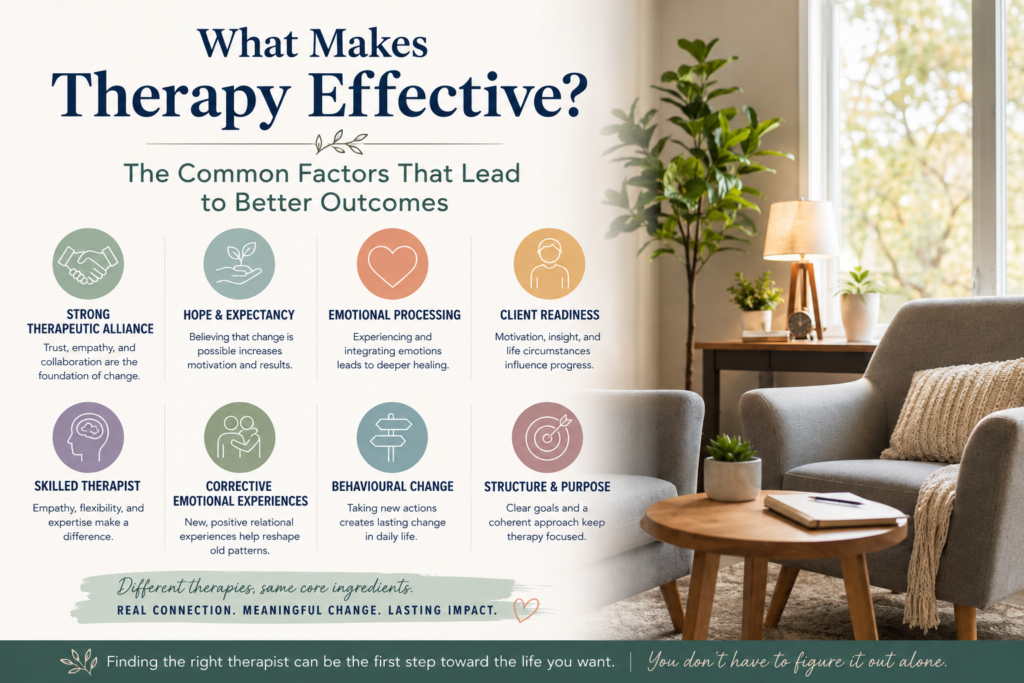 Calming infographic about the common factors that make psychotherapy effective, featuring a warm therapy office and key elements such as therapeutic alliance, emotional processing, hope, behavioural change, and client readiness.