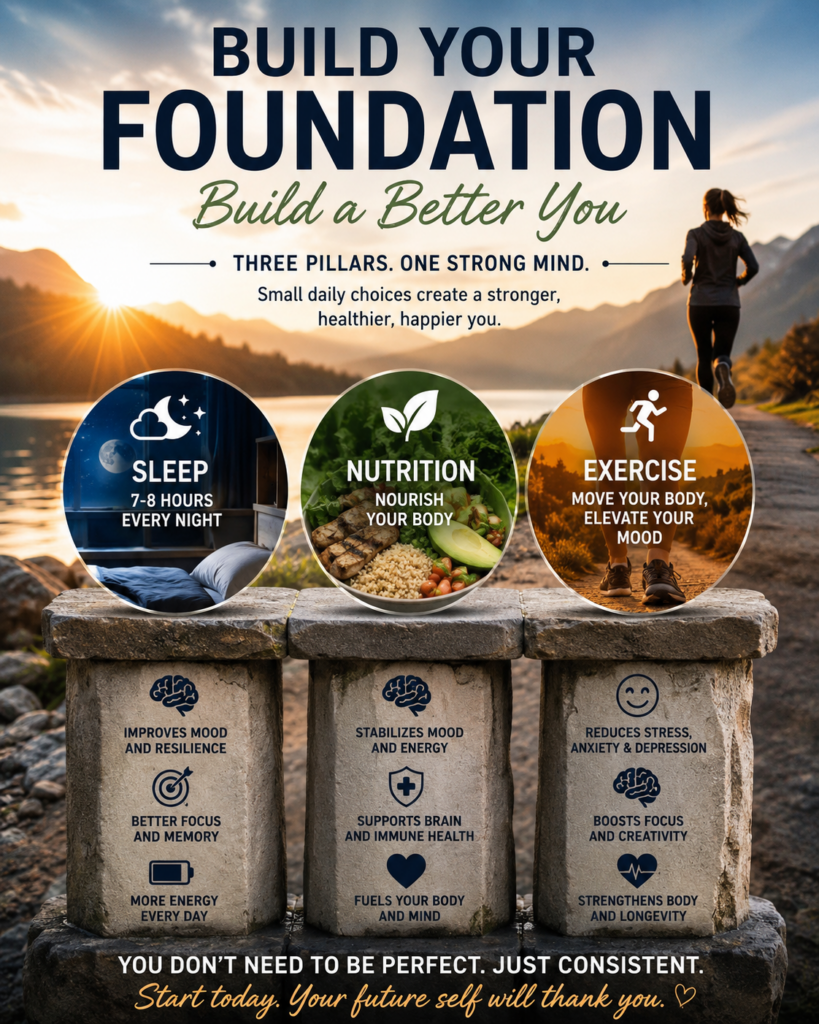Motivational wellness infographic showing the three pillars of mental health—sleep, nutrition, and exercise—set against a sunrise mountain landscape with a runner on a trail.