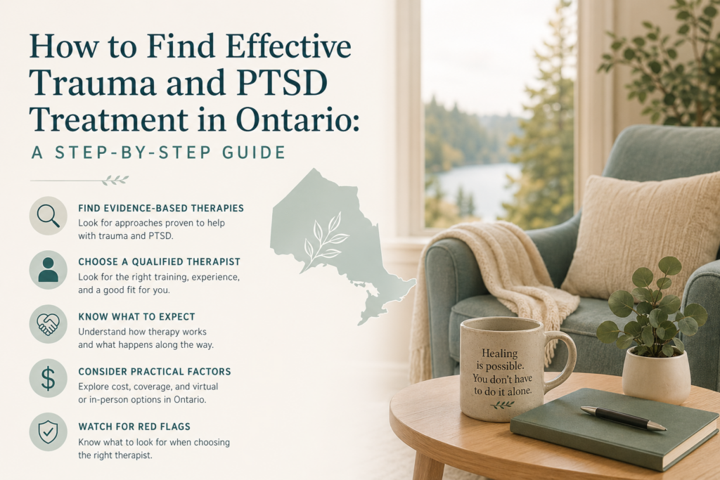 Calming infographic titled “How to Find Effective Trauma and PTSD Treatment in Ontario: A Step-by-Step Guide.” On the left, a soft green panel lists steps including finding evidence-based therapies, choosing a qualified therapist, knowing what to expect, considering practical factors, and watching for red flags, each with simple icons. On the right, a cozy therapy-style setting shows a light blue armchair beside a small wooden table with a notebook, pen, plant, and a mug that reads, “Healing is possible. You don’t have to do it alone,” with a peaceful window view in the background.