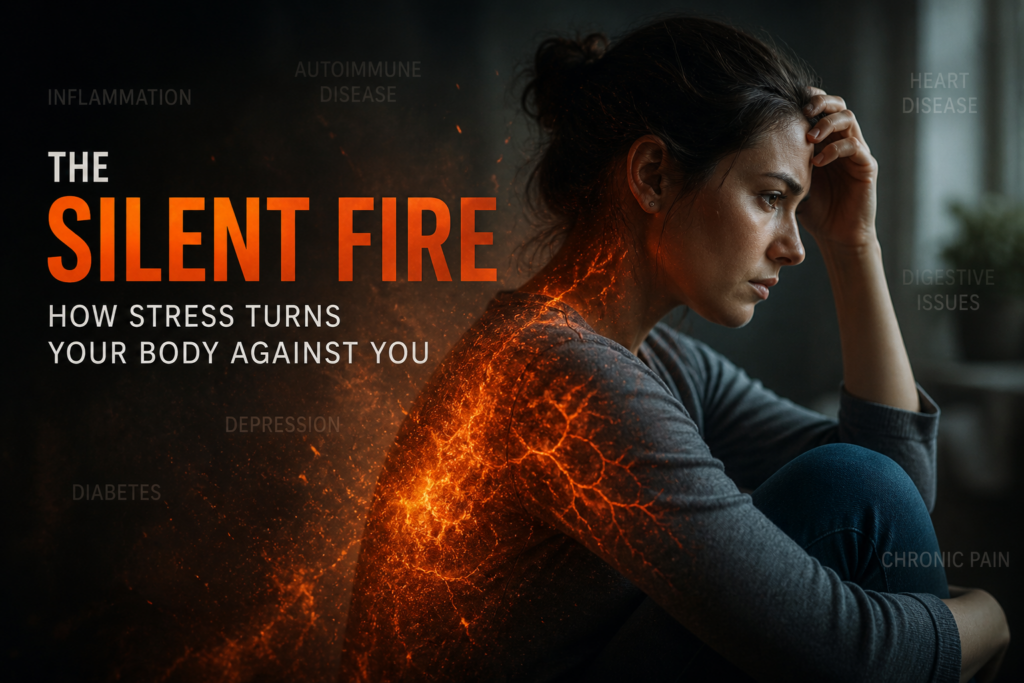 Realistic image of a stressed woman with a glowing, fiery effect spreading through her body, symbolizing inflammation caused by chronic stress In Ontario