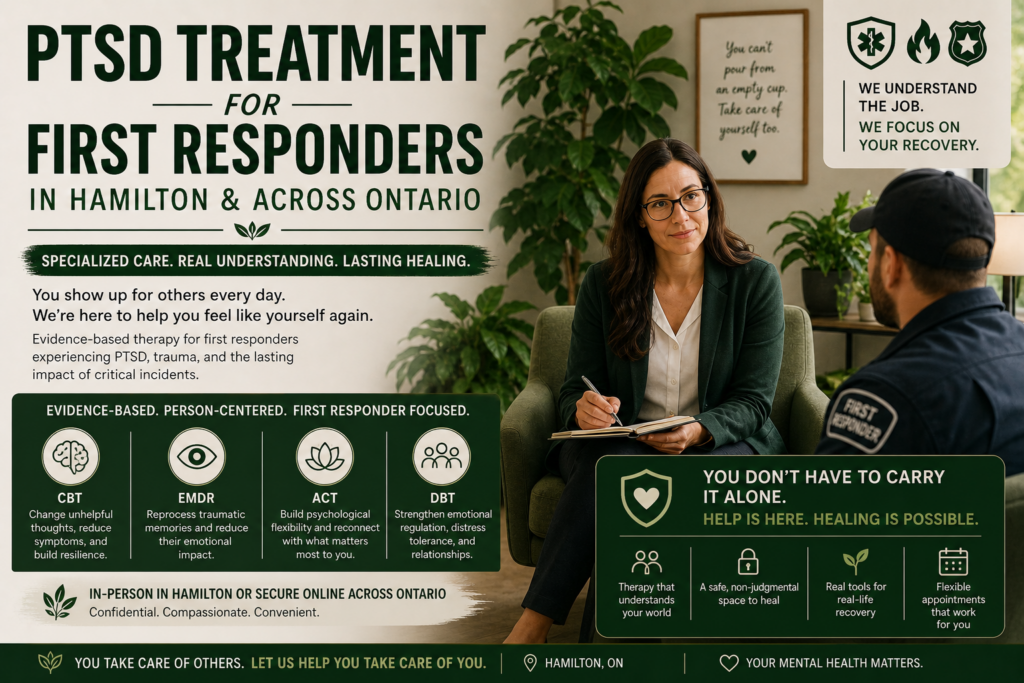 Promotional banner for PTSD treatment for first responders in Ontario, featuring a therapist speaking with a uniformed client in a plant-filled office, with dark green text highlighting specialized, evidence-based care including CBT, EMDR, ACT, and DBT