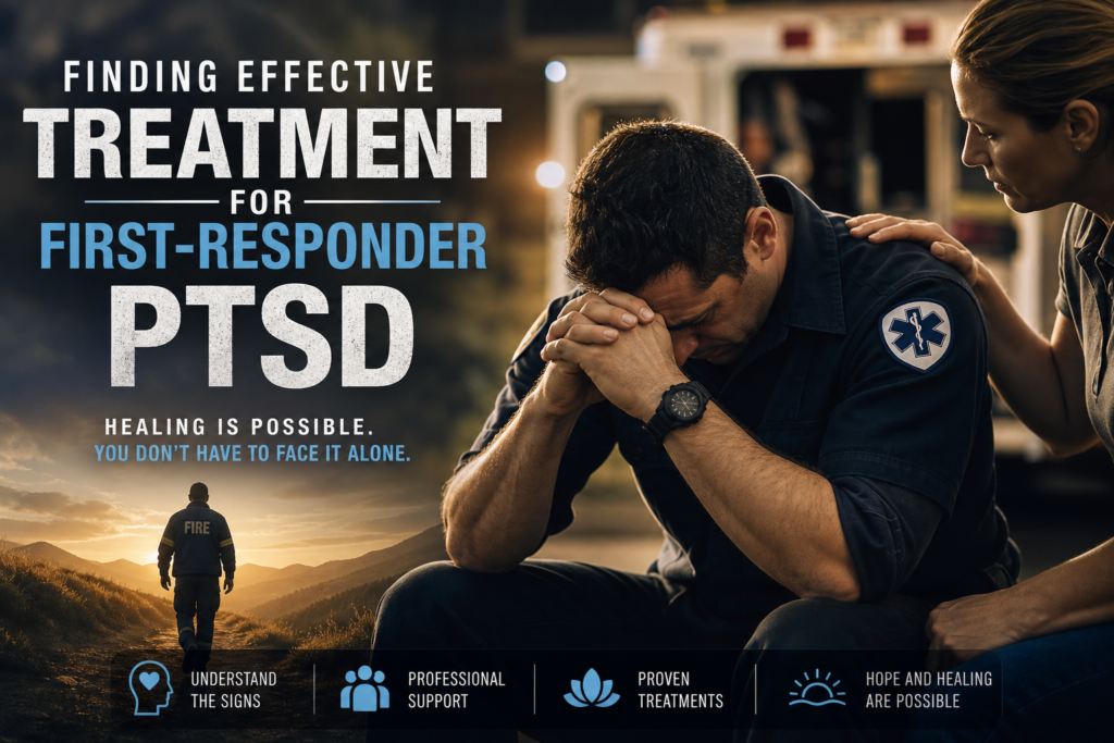 A distressed first responder sits with head in hands while a supportive colleague places a reassuring hand on their shoulder, symbolizing trauma, support, and recovery from PTSD. The scene is paired with bold text about finding effective treatment and hope for healing