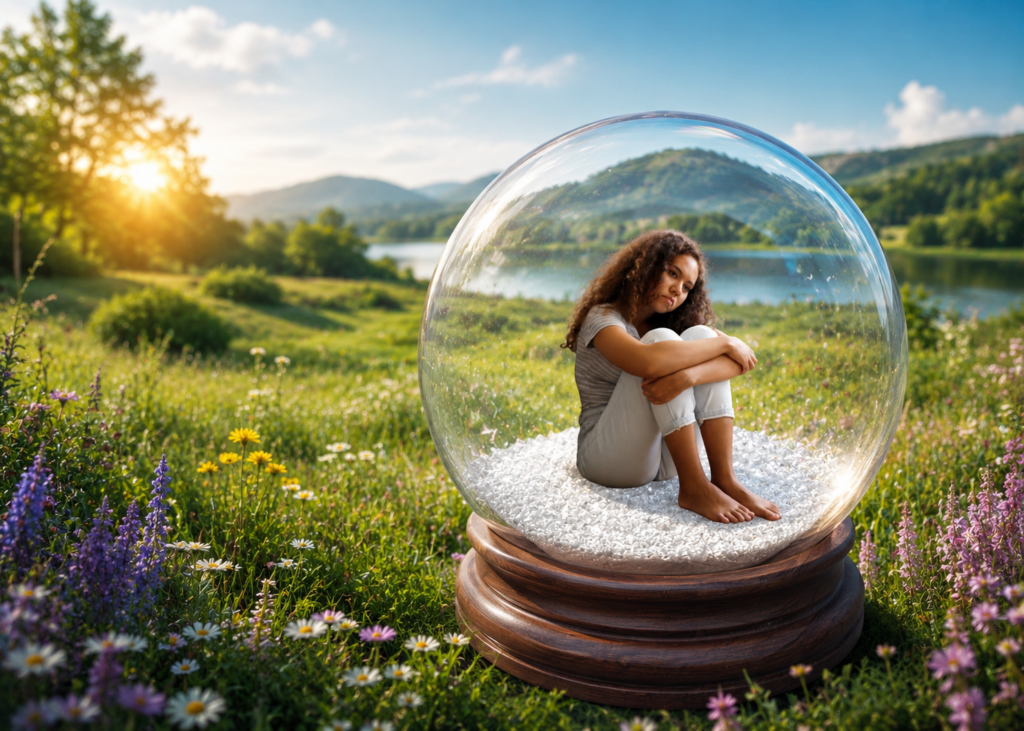 Woman sitting inside a glass dome in a sunlit meadow, symbolizing emotional isolation despite the pursuit of happiness