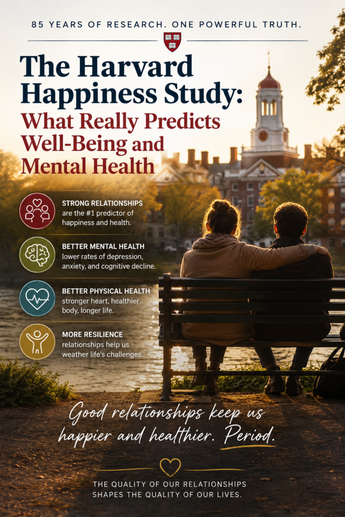Couple sitting on a bench at sunset with Harvard-inspired campus in the background, illustrating the importance of close relationships for happiness, mental health, and well-being