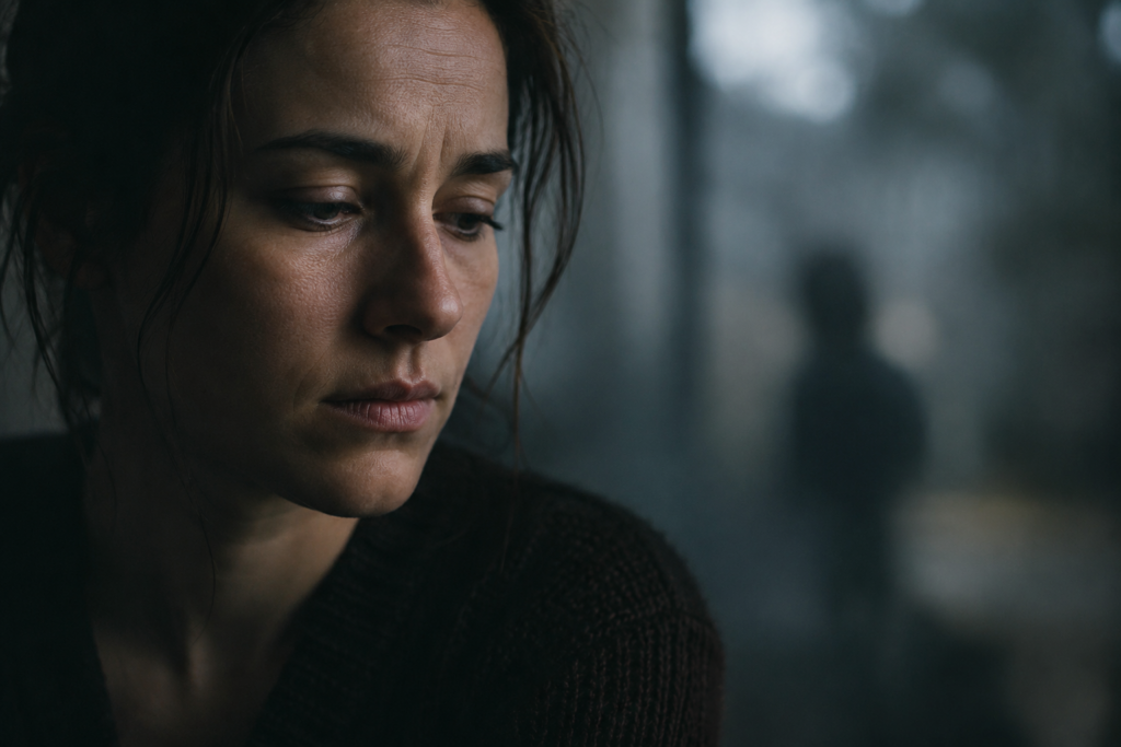 Woman with a thoughtful expression emerging from darkness, symbolizing the emotional impact of complex trauma and the journey toward healing