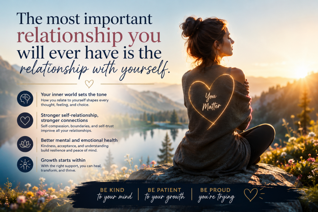 A person sits peacefully overlooking a mountain lake at sunrise, symbolizing self-compassion, healing, and the importance of building a healthy relationship with yourself.