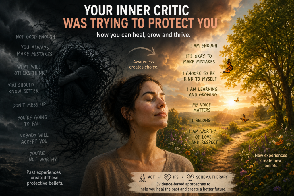 A split-scene illustration showing a dark, tangled inner critic on one side and a calm, sunlit healing landscape with a peaceful woman on the other, symbolising recovery and self-compassion.
