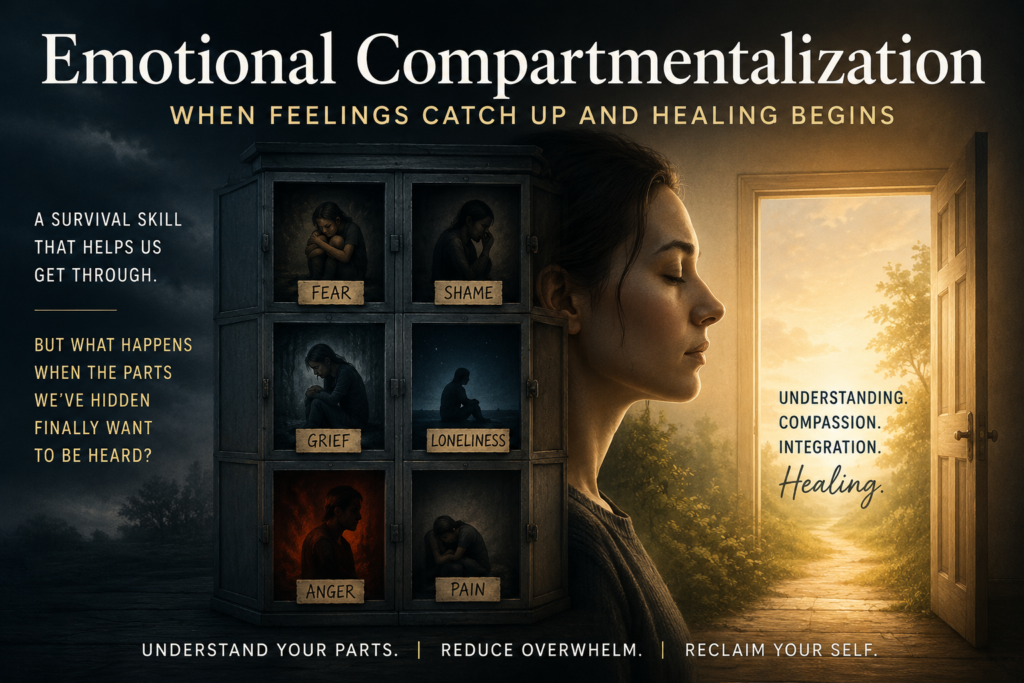 Woman standing between a cabinet of hidden emotions and an open door to light, symbolizing emotional compartmentalization, healing, and the integration of painful feelings.