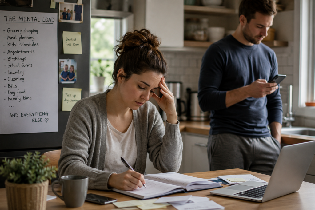 woman appearing stressed as she looks over lists and her partner is scrolling on her phone: depicts uneven mental load.